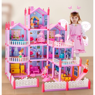 [ฟรีตุ๊กตา 4 ตัว + ไฟนางฟ้า] บ้านตุ๊กตาวิลล่า ขนาดใหญ่ สี่ชั้น บ้านตุ๊กตาเจ้าหญิง แกล้งทําเป็นเล่น ของเล่นชุดของขวัญคริสต์มาส DIY ERTZ