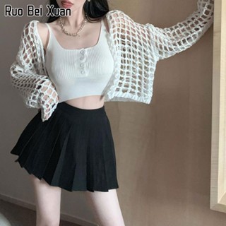 RUO BEI XUAN เสื้อสายเดี่ยวถักสตรี + ดีไซน์คาร์ดิแกนตาข่ายทรงหลวม