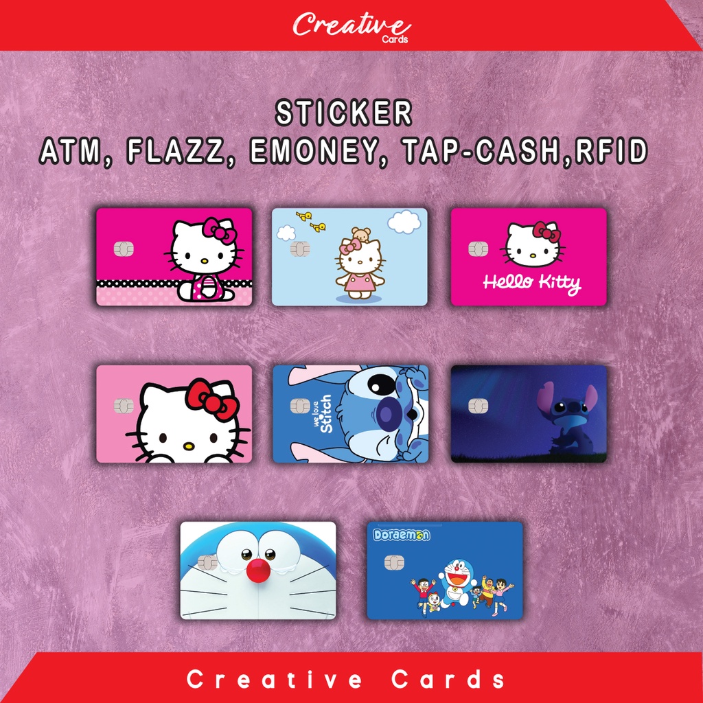 สติกเกอร์การ์ดผิว Atm - Hello Kitty, Doraemon, Stitch + Laminating Glossy BCA Mandiri Sticker Bri Bni Debit Credit Emoney, Flazz, Etoll, Tapcash, Brizzi RFID Etc