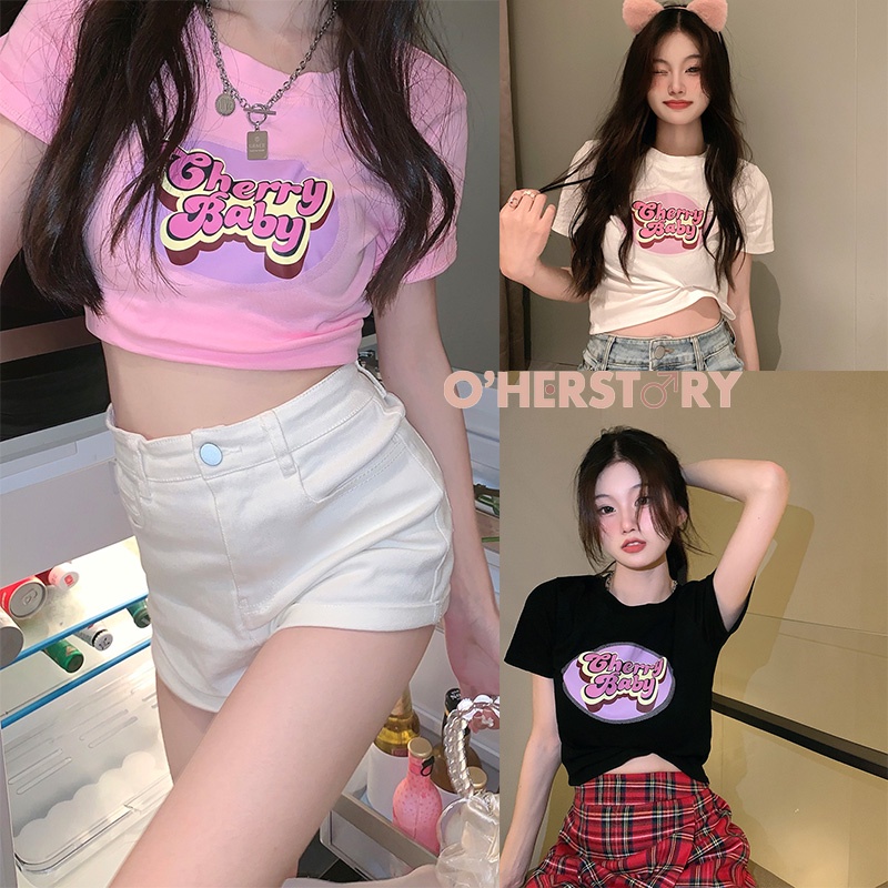 พร้อมส่ง เสื้อครอปเอวลอย ครอปคอกลม ลอยมากๆ เสื้อยืดหลวม เสื้อครอปรัดรูป