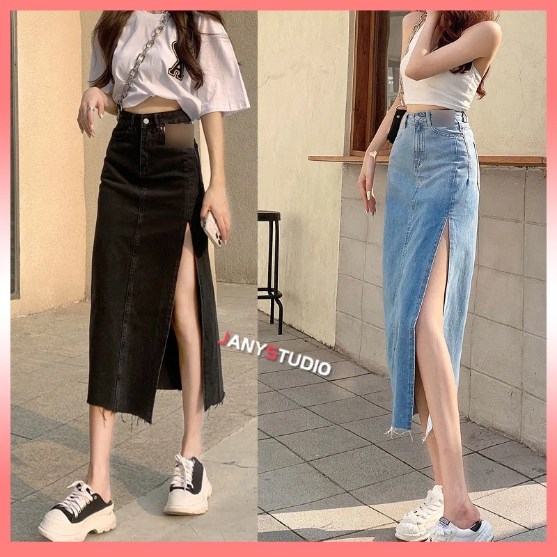 พร้อมส่ง กระโปรงยีนส์ เอวสูงเว้าข้าง กระโปรงยีนยาว ทรงเอ ผ่าข้าง สําหรับผู้หญิง
