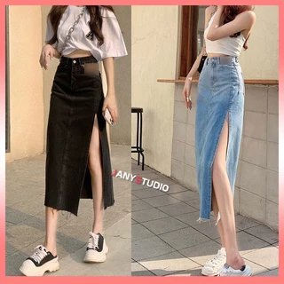 พร้อมส่ง กระโปรงยีนส์ เอวสูงเว้าข้าง กระโปรงยีนยาว ทรงเอ ผ่าข้าง สําหรับผู้หญิง