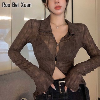 RUO BEI XAUN เสื้อเชิ้ตผู้หญิง 2023 ใหม่ แฟชั่นสไตล์เกาหลี เสื้อครอปเซ็กซี่