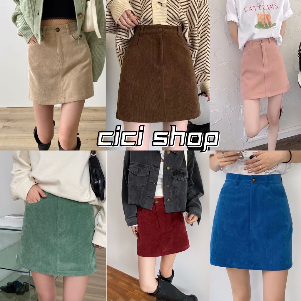 Cicishop(268)กระโปรงสั้นลูกฟูกทรงเอ กระดุมหน้า มีกระเป๋าใส่เหรียญ ชิคๆยุค90’s