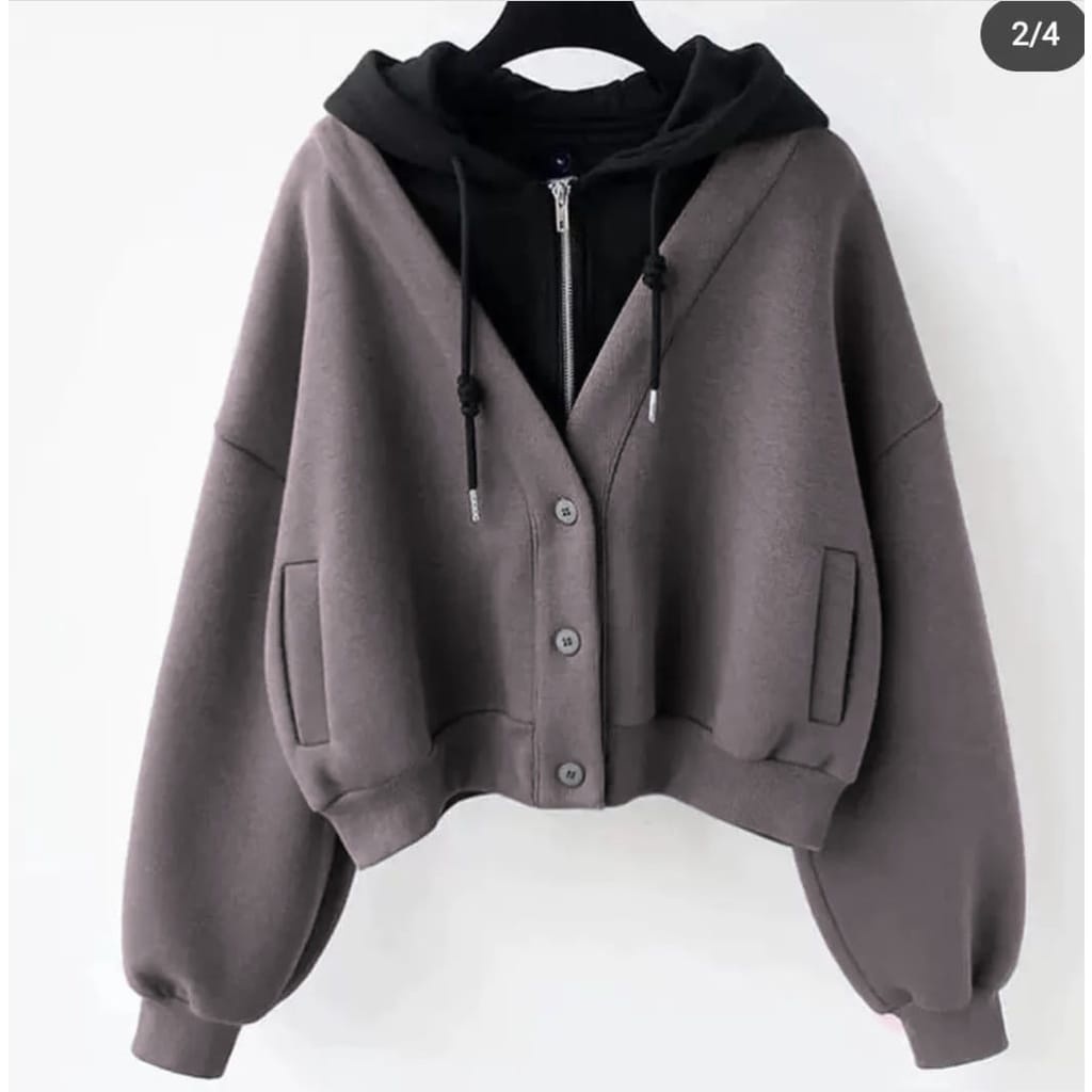 DOUBLE SWETER CARDIGAN HOODIE - เสื้อแจ็คเก็ตมีฮู้ดผู้หญิงสไตล์เกาหลี