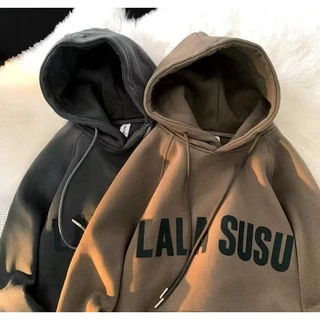 พร้อมส่ง🔥ไซซ์ M-8XL🍀เสื้อกันหนาวแขนยาว มีฮู้ด ผ้ากํามะหยี่ แบบนิ่ม พิมพ์ลายตัวอักษร LALA ทรงหลวม ขนาดใหญ่ สไตล์อเมริกัน สําหรับผู้ชาย และนักเรียน