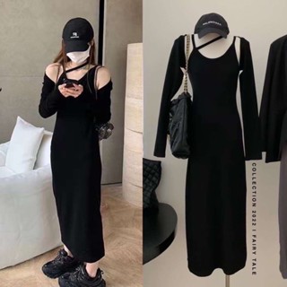 NEW :: maxi dress set เดรสสายเดี่ยวสีดำเเต่งสายคล้องคอ ทรงสวยมาก มาพร้อมปลอกเเขนยาว เนื้อผ้าดีมาก งานป้าย WGWE