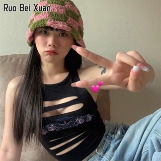 RUO BEI XUAN เสื้อกล้ามพิมพ์ลายกลวงของผู้หญิง 2023 ฤดูร้อนใหม่เซ็กซี่บางแขนกุดด้านบน