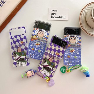 เคสโทรศัพท์มือถือ PC แข็ง แบบใส กันกระแทก ลายการ์ตูน Buzz Lightyear พร้อมสายโซ่คล้อง สําหรับ Samsung Galaxy Z Flip 3 5G 3in1 Z Flip 4