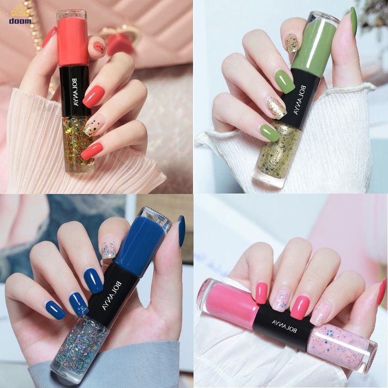 สีทาเล็บ ยาทาเล็บแบบใส2-In-1 สีทาเล็บ สีทาเล็บเจลไม่อบ แห้งไว ไม่อบ ยืน แห้งเร็ว ยาทาเล็บโปร่งใส 【Doom】