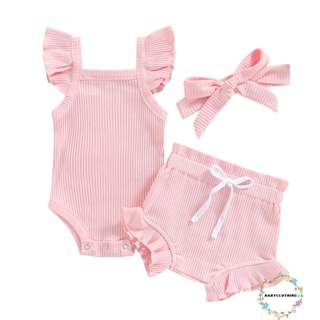 Babyclothes- เสื้อผ้าเด็กวัยหัดเดิน เด็กผู้หญิง, แขนบิน สีพื้น รอมเปอร์ เสื้อผูกเชือก กางเกงขาสั้น ที่คาดผม ชุดลําลอง