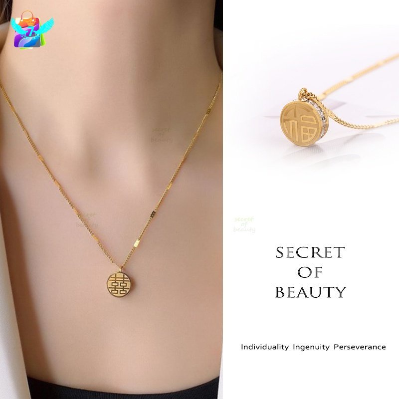 Lucky Fu สแตนเลสสร้อยคอทอง Non Tarnish Gold สร้อยคอผู้หญิงสองด้านสวมใส่ Elegant CRD YUE