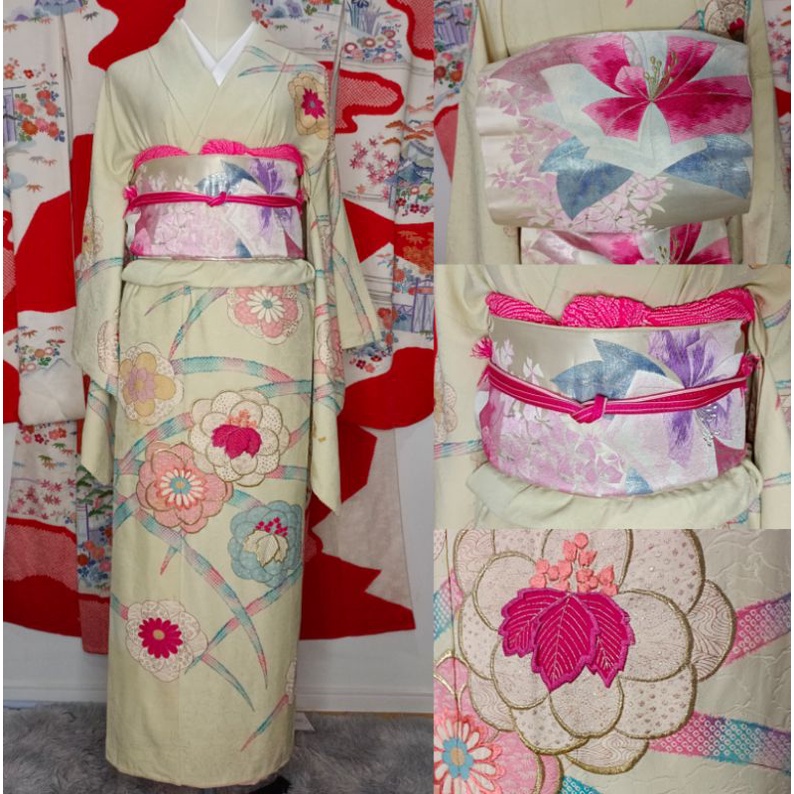 พร้อมส่ง Set Kimono กิโมโนของแท้มือสอง สีครีม จากญี่ปุ่น