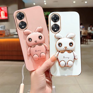 ใหม่ เคสโทรศัพท์มือถือแบบนิ่ม ลายกระต่ายน่ารัก พร้อมตัวยึดวาง และสายคล้องมือ ป้องกันเลนส์ สําหรับ OPPO A78 4G 5G A78 NFC 2023 A78 OppoA78NFC