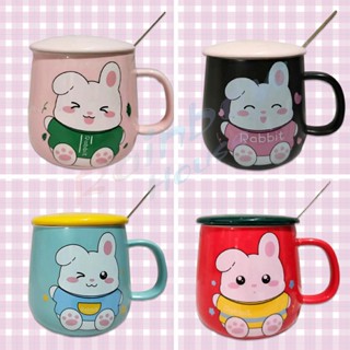 Rainbow แก้วกาแฟเซรามิก ถ้วยนม กาแฟ ฝาปิดคละสี เเถมช้อน  Tableware