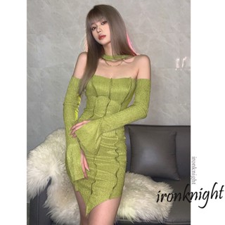 ironknight-Women Long Sleeve Off Shoulder Solid Color Ribbed Dress