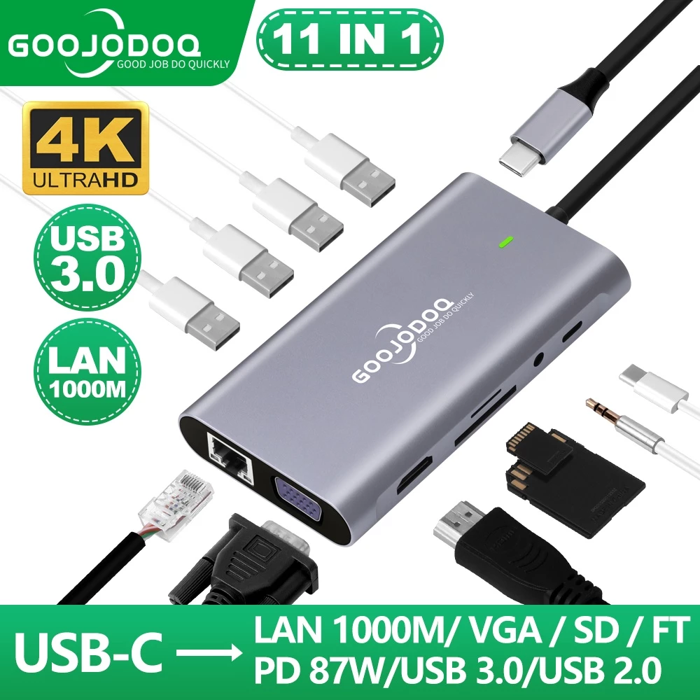 GOOJODOQ 11 in 1 USB C HUBสําหรับเครื่องอ่านการ์ด MacBook Pro Type C HDMI PD 3.0 USB RJ45 VGA AUX TF SD ความเร็ว 100M