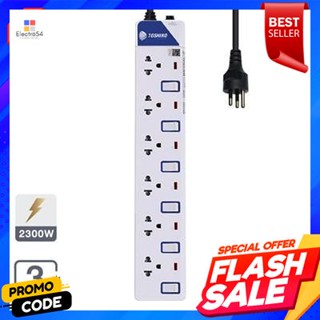 Strip รางปลั๊กไฟ 6 ช่อง 6 สวิทซ์ TOSHINO รุ่น ET-916 ขนาด 3 x 0.75 ซม. 3 เมตร สีขาวPower Strip 6 Outlets 6 Switches TOSH