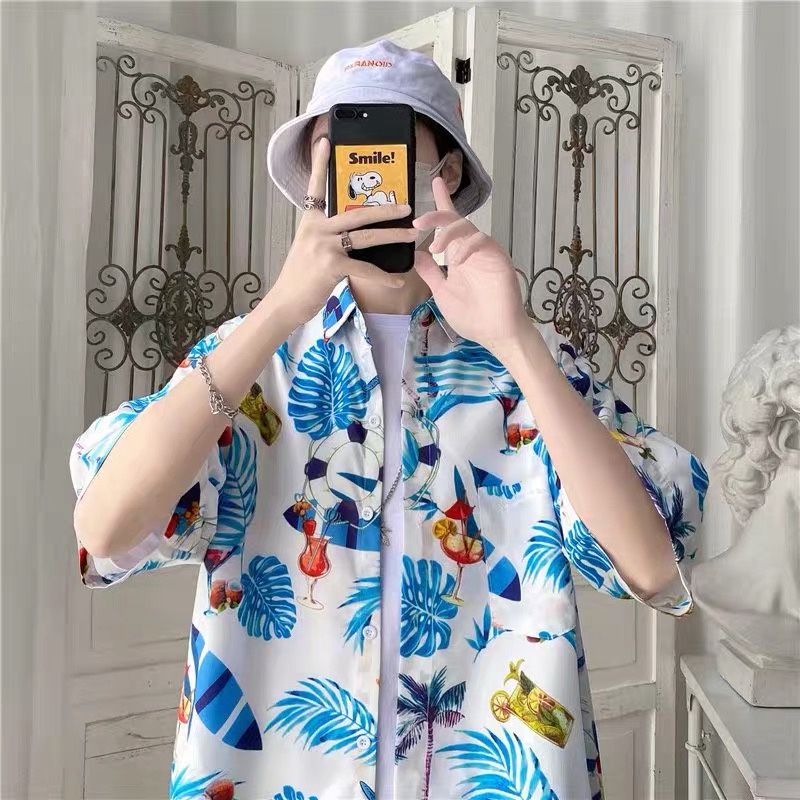 เสื้อเชิ้ตฮาวาย ทรงOversize พิมพ์ลายต้นมะพร้าวฟิวทะเล สไตล์เกาหลี พร้อมส่ง