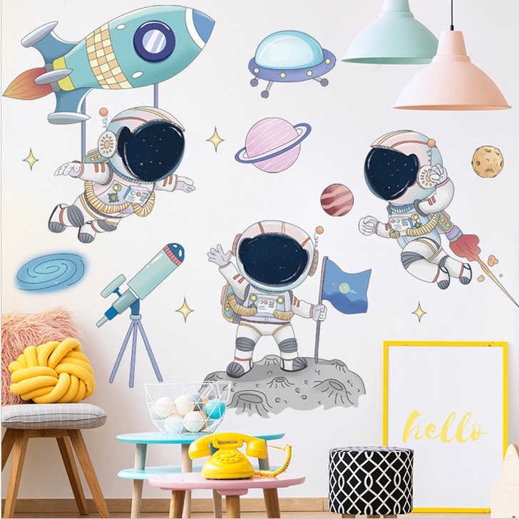 สติ๊กเกอร์ติดผนัง นักบินอวกาศ จรวด เด็ก สติกเกอร์แต่งผนัง วอลเปเปอร์ wall sticker แต่งบ้าน M05021