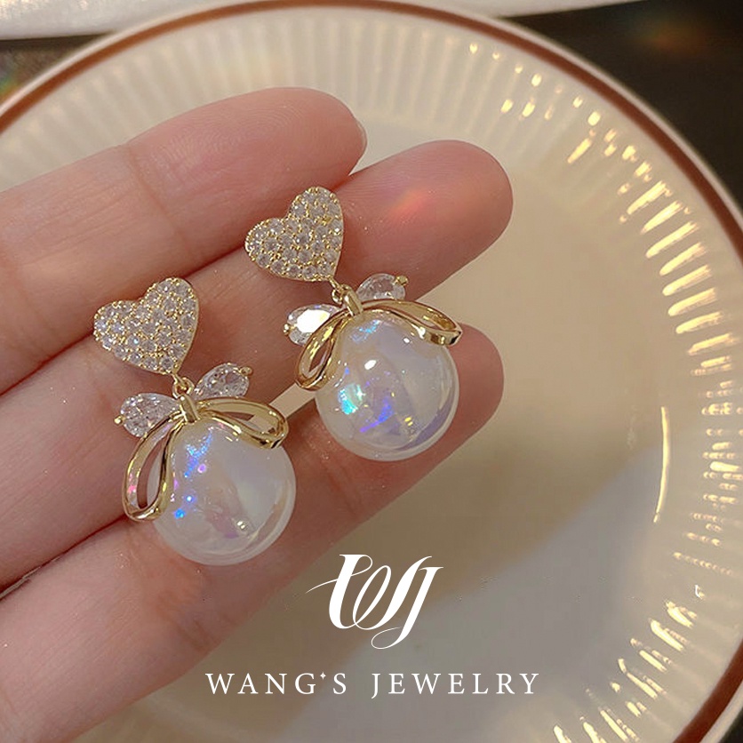Wj ต่างหู ชุบทอง 18k ประดับเพทาย ไข่มุก ทรงกลม เรียบง่าย ของขวัญแฟชั่น สําหรับผู้หญิง