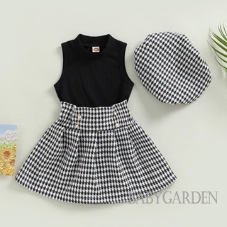 Babygarden-1-5 ปี ชุดเสื้อผ้าเด็กผู้หญิง แขนกุด คอกลม + กระโปรงทรงเอ Houndstooth + หมวก