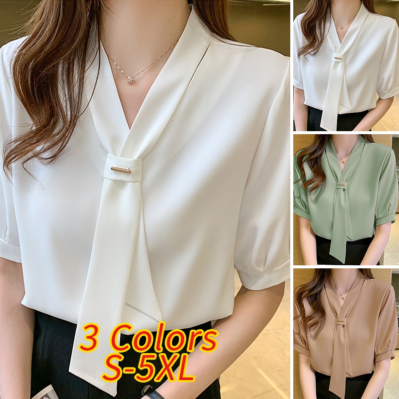 Vonda ผู ้ หญิงเกาหลีคอวีแขนสั ้ นผูกสีทึบปุ ่ มวันหยุดสํานักงานทํางานเสื ้ อ - รูปที่ 2