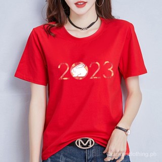 เสื้อยืดผ้าฝ้าย 2023 [Wholesale] 2023 Year Of The Rabbit Red Loose Short-Sleeved T-Shirt Female Summer Benming New Year