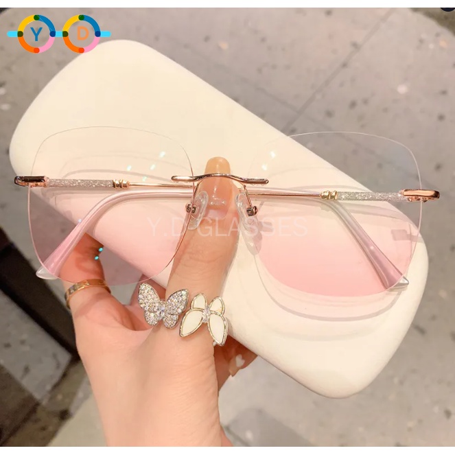แว่นตาไร้ขอบ อ่านหนังสือ (+100 ถึง +400) &  กรองแสงสีฟ้า &  เลนส์แต่งหน้าสีชมพู กันแสงสีฟ้า ตาแฟชั่น สายตายาว