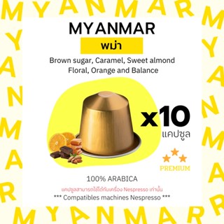 กาแฟเเคปซูล พม่า Myanmar Premium (คั่วกลาง) สำหรับเครื่อง Nespresso ขนาด 10 แคปซูล (Nespresso Compatible)