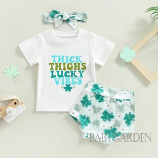 Babygarden-0-24 เดือน ชุดเสื้อผ้าเด็กผู้หญิง เสื้อยืดแขนสั้น พิมพ์ลายตัวอักษร + กางเกงขาสั้น พิมพ์ลายใบโคลเวอร์ สีเขียว + ที่คาดผม