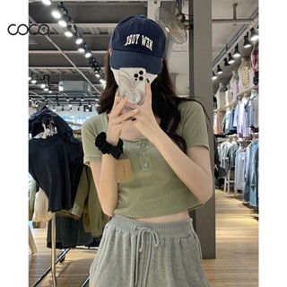 Coco~เสื้อยืดผู้หญิง เสื้อยืด Vintage Square Collar Ice Silk เสื้อยืดแขนสั้น แฟชั่นผู้หญิง