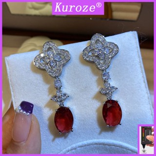 Kuroze ต่างหูแฟชั่น รูปดาว ดอกไม้ ประดับเพชร สีแดง