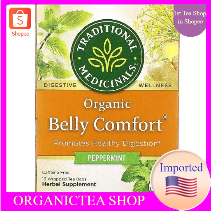 ชา Traditional Medicinals, Organic Belly Comfort, Peppermint, Caffeine Free, 16 Wrapped Tea Bags