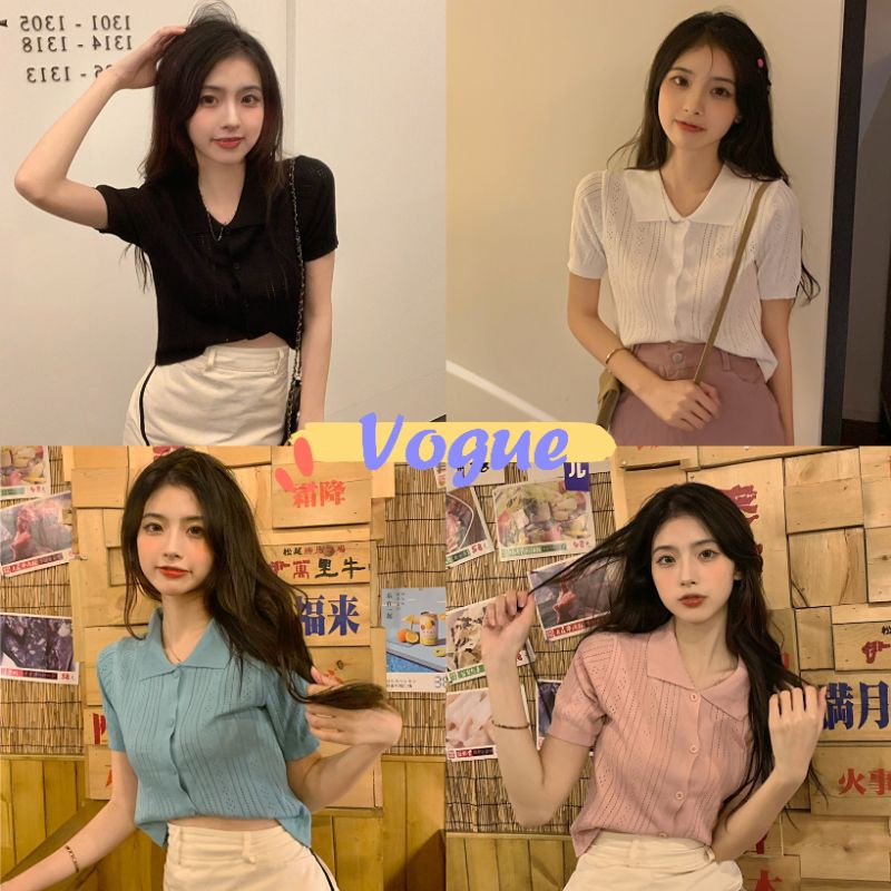 Vogue พร้อมส่ง เสื้อไหมพรมคอปกแขนสั้น สไตล์​เกาหลี​น่ารักมาก (9169)