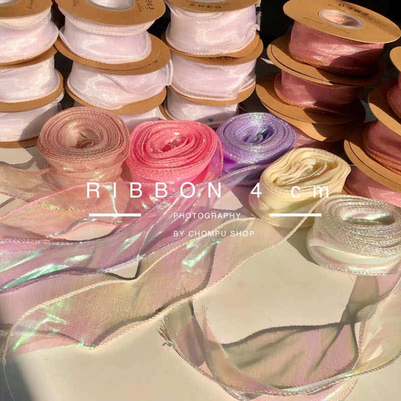 (พร้อมส่ง1หลา)ริบบิ้นผ้าซีทรู เย็บขอบ ผ้าแก้วเกาหลี ริบบิ้นผ้า โบว์ริบบิ้น กว้าง 40 mm ต่อหลา DIY