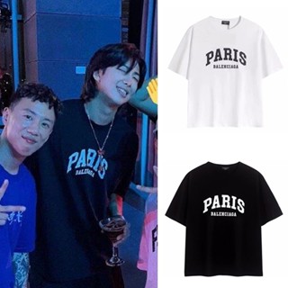 🌟​พร้อมส่ง​🌟 KPOP BTS Rap Monster เดียวกันผ้าฝ้ายเสื้อยืด ขนาด PARIS Letter พิมพ์หลวมรอบคอแขนสั้น TOP ผู้ชายผู้หญิง