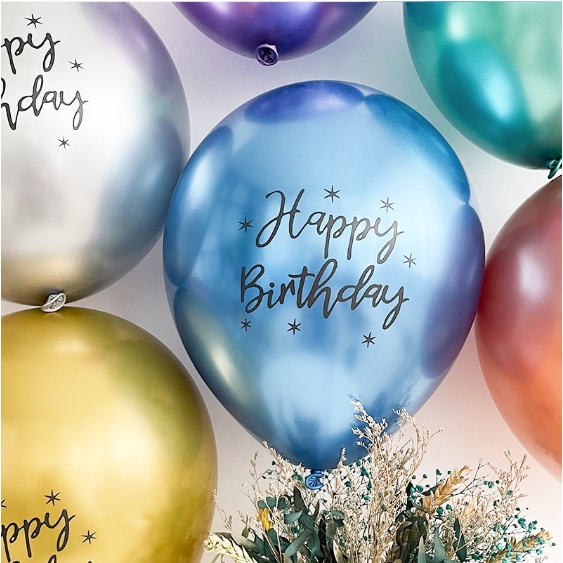 [พร้อมส่ง]ลูกโป่งพิมพ์ลาย happy birthday 12 นิ้ว(แพ็ค 50 ใบ)  ลูกโป่งสีเมทัลลิค ลูกโป่งวันเกิด