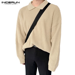 Incerun เสื้อเชิ้ตแขนยาว คอปกโปโล สีพื้น สไตล์เกาหลี สําหรับผู้ชาย 4 สี