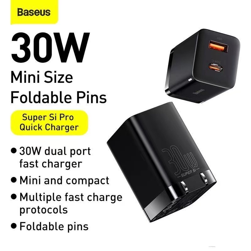 Baseus Super Si Pro หัวชาร์จ 30W สองช่องเสียบ 1U+1C หัวชาร์จ Adapter สำหรับโทรศัพท์มือถือ แท็บเล็ต