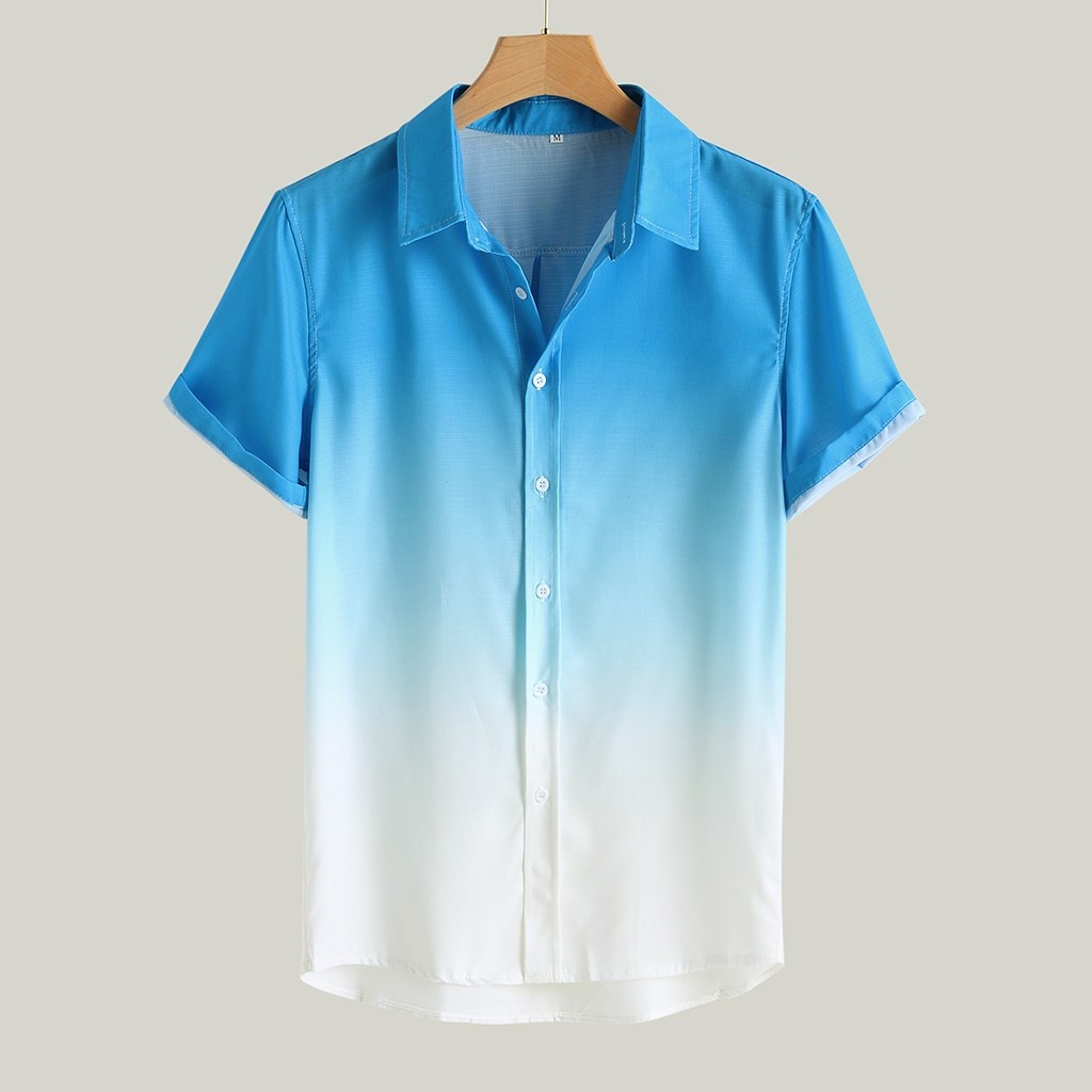เสื้อเชิ้ตฮาวาย แขนสั้น คอปก ระบายอากาศ ไล่โทนสี ลําลอง ผ้าเบาสบาย สี่ทาง เหมาะกับฤดูร้อน สําหรับผู้ชาย
