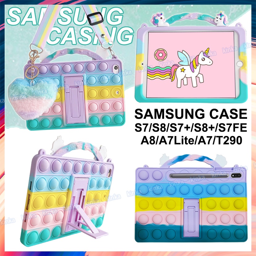 การ์ตูนสายรุ้งยูนิคอร์นซิลิโคนนุ่ม POP IT เคสพร้อมขาตั้งการบีบอัดแท็บเล็ตกันกระแทกสำหรับ Samsung Galaxy Tab S7 FE T730 T736 S8 Plus X806 S7 Plus T976 S8 X706 S7 TT876 S6 Lite P610 A8 X200 A7 Lite T220 T225 A 8.0 T290 T295 T510 A7 T500