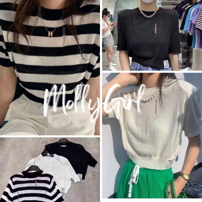 Mollygirl เสื้อครอปคอกลม ผ้าไม่ร้อนใส่สบาย เสื้อยืด เสื้อแฟชั่นผญ