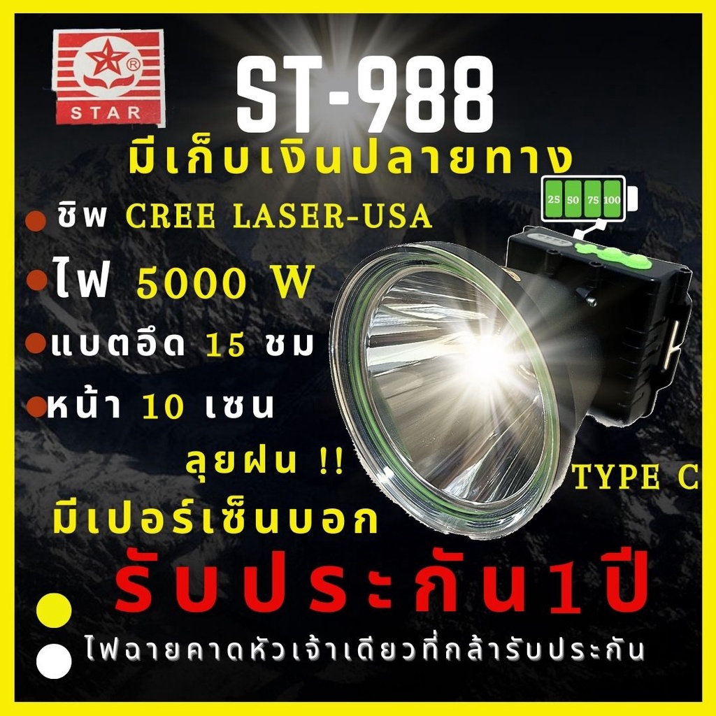 [ศูนย์ไทย รับประกัน 1 ปี LASER-USA] ไฟฉายคาดหัว10เซ็น 5,000 วัตต์ TYPE C  แบต8,000mAh ส่องไกล5000เมตร ลุยฝน หน้า 10 เซ็น