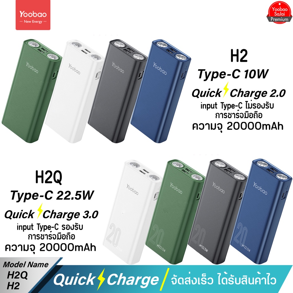 ประกัน1ปี Yoobao H2Q/H2 20000mAh PIus(ฟรีซองกันน้ำ) PD3.0 22.5W/18W Quick Charging 10W USB2.1A แบตเตอรี่สำรอง
