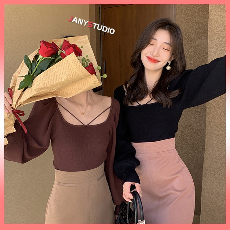 เสื้อยืดเเขนยาว คอกว้างแขนยาว สวมใส่สบาย เสื้อครอปแขนยาว เสื้อเเขนยาวพองเเนวสาวเกาหลี