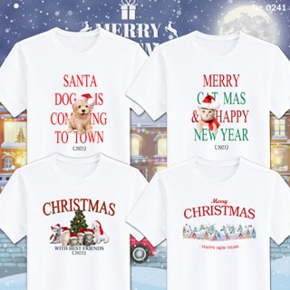 ผ้าฝ้าย 100% เสื้อยืดผ้าฝ้าย 2023 เสื้อยืด สกรีน Merry Christmas คริสต์มาส เสื้อปีใหม่ สีขาว เสื้อผ้าหนา นุ่ม ใส่สบาย ได