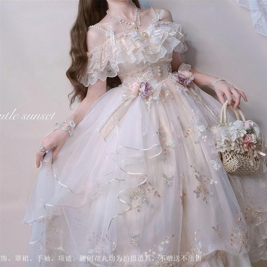 Jsk LO lolita cosplay ชุดโลลิต้า ลูกไม้ เดรส ชุดแต่งงาน สีขาว เดรสเจ้าหญิง เกาหลี กระโปรงโลลิต้า ปักลายดอกโลลิต้า ฤดูร้อน สวยหวาน ชุดเดรส Flower God Flora dress skirt