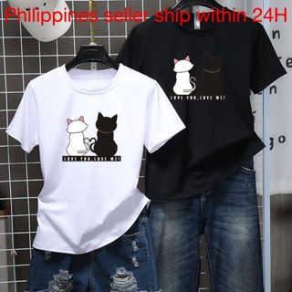 Korean fashion Tshirt women black and white cats in love_07