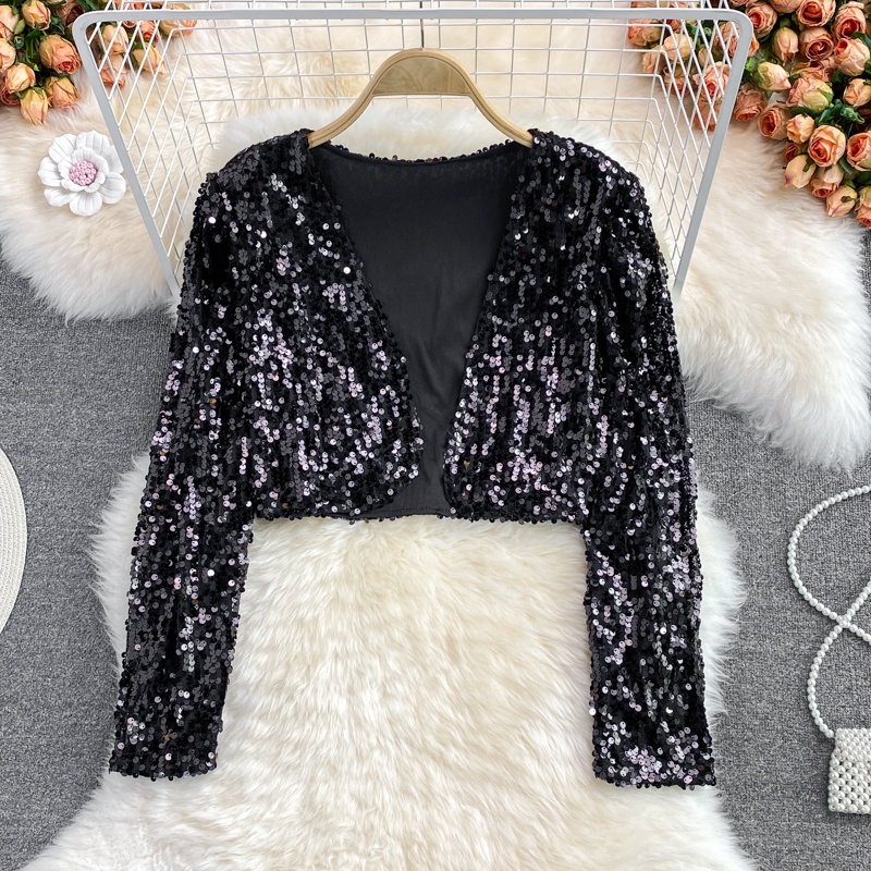 Glitz เสื้อคาร์ดิแกน คอวี แขนยาว กลิตเตอร์ สีดํา ทอง เงิน สําหรับผู้หญิง - รูปที่ 2